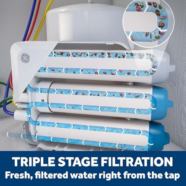 GE 3 Stage Reverse Osmosis Under Sink Water Filtration System with Faucet, Reduces Lead, Chlorine, Arsenic & More, Replace Filters (FQ18PN, FQ18MN, FQ18RT) Every 6/12 Months, GXRQ18NBN