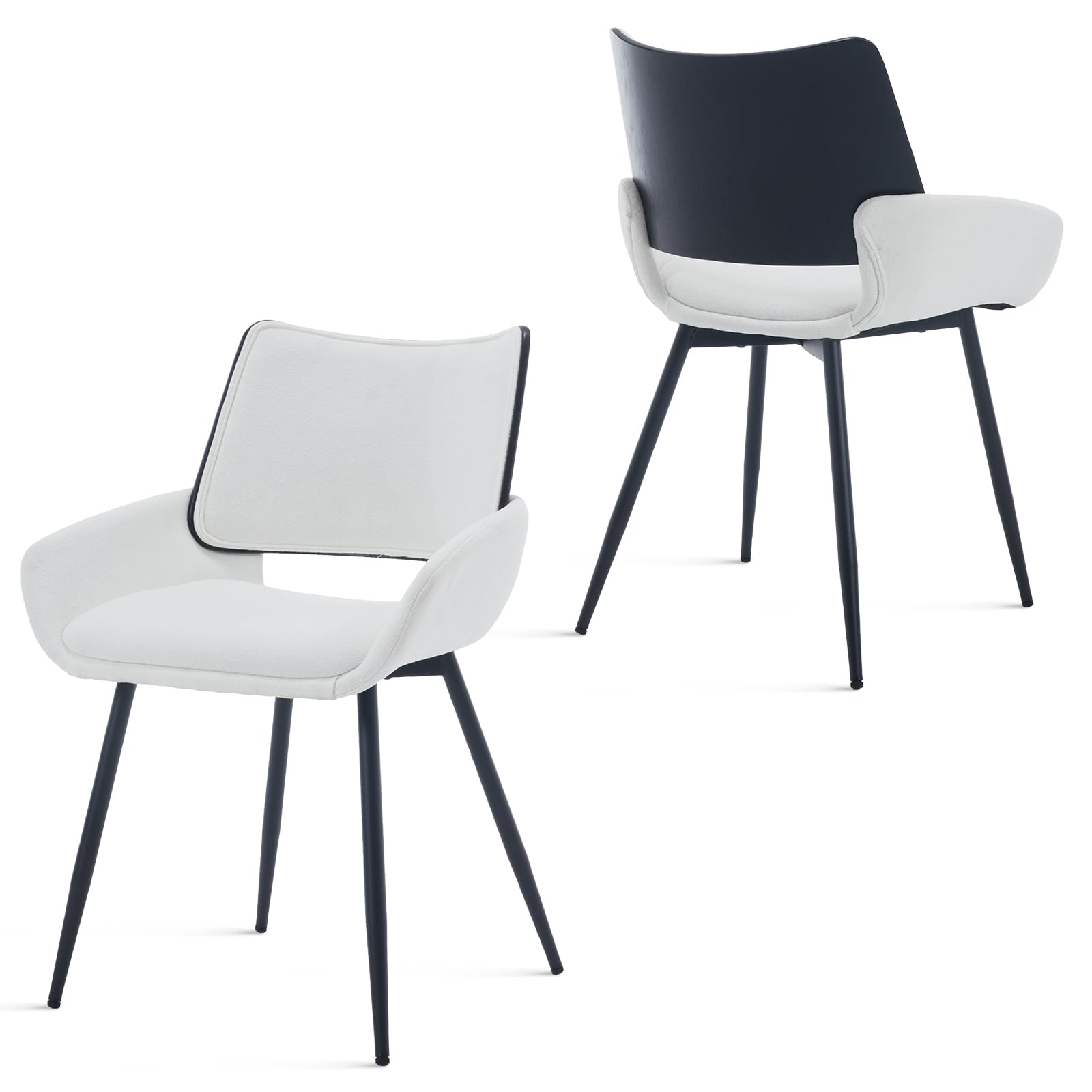 Modern Upholstered Dining Chairs Set of 2,Mid Century Modern Kitchen Chairs Stylish Accent Diner Chair with Metal Legs and Hollow Back for Kitchen Dining Room Restaurant Bedroom Office,White Chenille