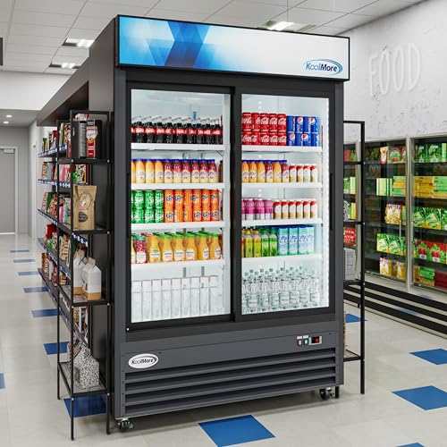 Image of KoolMore MDR-2D-GSLD Commercial Glass 2 Door Display Refrigerator Merchandiser - Upright Beverage Cooler with LED Lighting - 45 Cu. Ft., Black