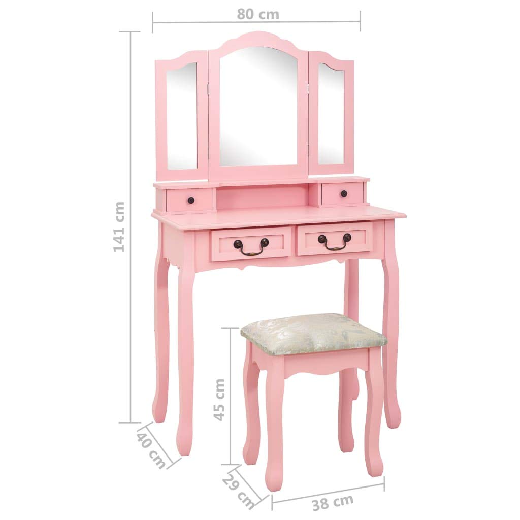 Coiffeuse avec tabouret, rose, 80 x 69 x 141 cm, en bois de paulownia, avec miroir, commode, espace de rangement pour maquillage, bijoux, parfum et accessoires de beauté pour chambre à