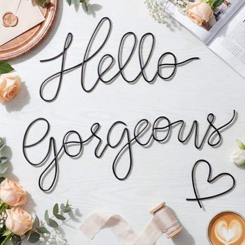 Image of Hicarer Metal Hello Gorgeous Wall Art Minimalist Decor for Bedroom Bathroom Living Room Dressing Room Salon Office Home Decorations Easy to Install Wall Decor(Black,Fashion Style)