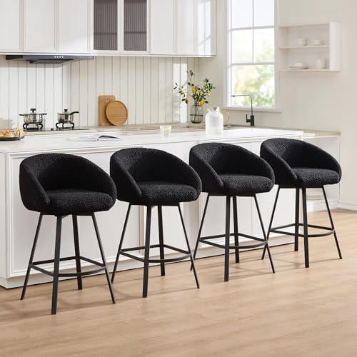 Image of Zesthouse Swivel Counter Height Stools Set of 4, Modern Barrel Bar Stools for Kitchen Island, 26'' Black Sherpa Kitchen Counter Height Chairs with Barrel Arms & Back, Upholstered Fabric Bar Chairs