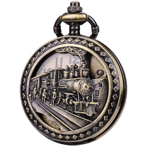 Image of SIBOSUN Antique Men Pocket Watch with Chain Oversized 50MM 1.96 Inch 3D Locomotive Steam Train Railroad Hollow + Box