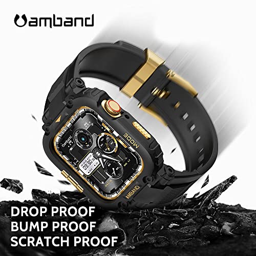 Image of amBand Bands Compatible with Apple Watch 9 /8 /7 45mm, M1 Sport Series Rugged Case Protective Cover for iWatch 6 /SE (3 /2 /1) /5 /4 /3 44mm 42mm Black Gold