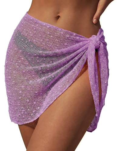 Image of Ekouaer Sarong Wraps for Women Beach Cover Up Short Crochet Coverup Skirts | Sequin Sparkly Sarong Wrap Skirt, Beach Coverup Sarong, Various Ways to Wear, For Swimming, Beach, Vacation, Sea, and Pool