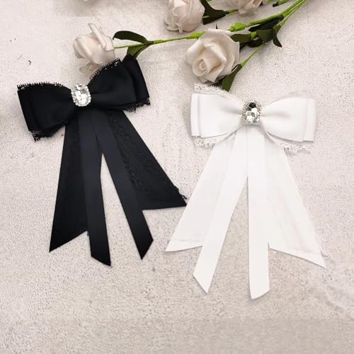 Image of Fashion Ribbon Bow Tie Brooch Pins for Women Girls Crystal Lace Uniform Pre-Tied Necktie Bowknot Corsage Brooches Party Ceremony Accessories Christmas Birthday Elegant Accessory