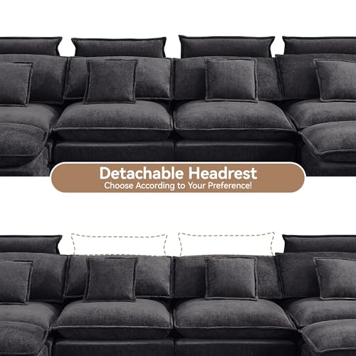 Image of 134'' Cloud Modern 4 Seater Couch with Detachable Headrest, Modular Sectional Sofa with 2 Ottoman, Oversized U Shape Chenille Comfy Sofa with Armrests for Living Room, Dark Grey