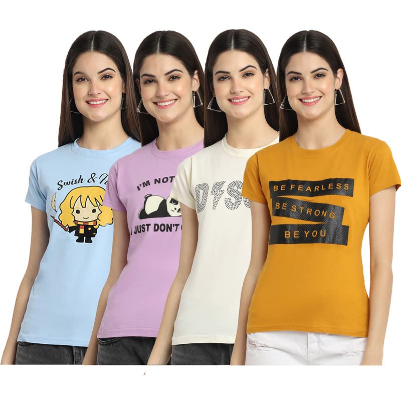 Preneum Women’s Cotton Regular Fit Latest Graphic Stylish Printed Short Sleeves Casual T-Shirt || Trendy (Pack 4) Preneum Women’s Cotton Regular Fit Latest Graphic Stylish Printed Short Sleeves Casual T-Shirt || Trendy (Pack 4)