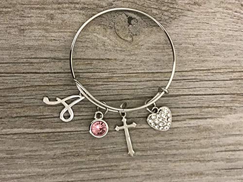 Personalized Christian Cross Bracelet With Birthstone & Letter Charm, Handmade Custom Love Cross Charm Jewelry, Makes The Perfect Frist Communion, Baptism & Christening Gift For Girls #TOP1