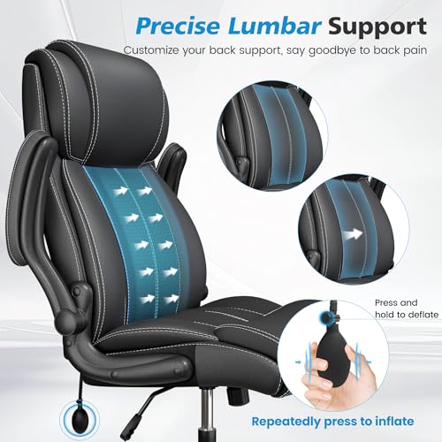 Image of Ergonomic Office Chair, High Back Executive Leather Desk Chair | Inflatable Lumbar Support for Back Pain Relief, Heavy-Duty Comfy Computer Chair for Long Workdays, Flip-Up Armrests, Black