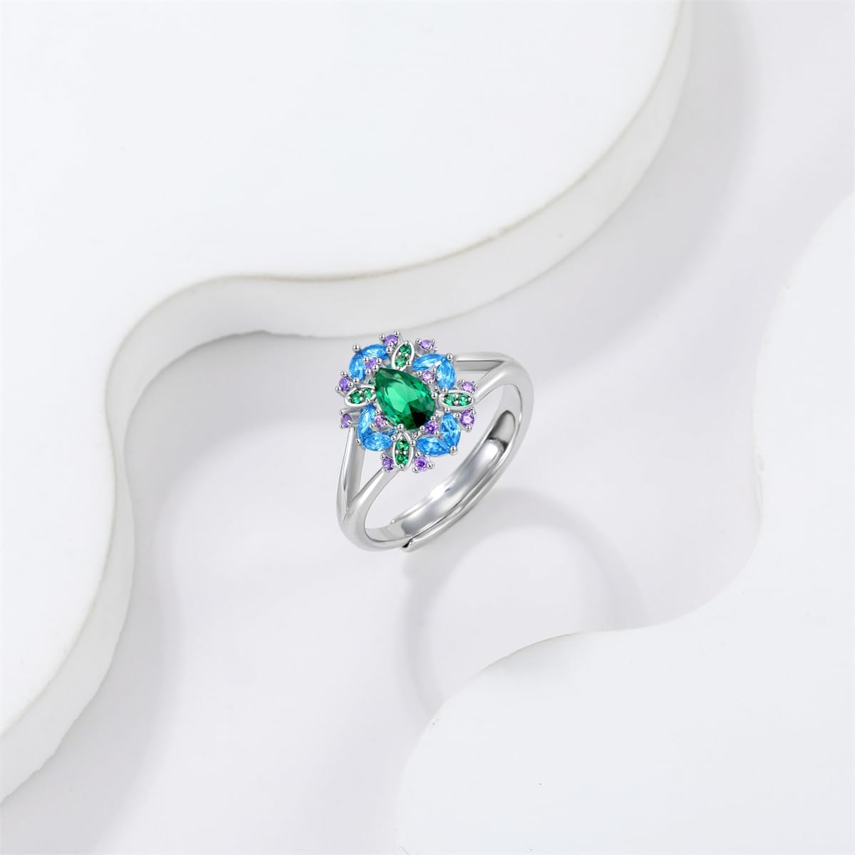MultiColor Gemstone Rings for Women 925 Sterling Silver Simulated Emerald Statement Rings for Ladies - Image 3
