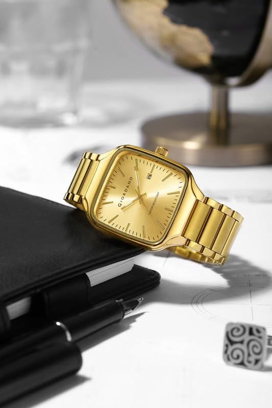 Image of Giordano Analog Watch for Men - Square Dial, Stainless Steel Strap, Date Display, Water Resistant Classic Dress Watch