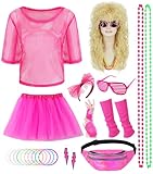 💗80er Jahre Netz Shirt Set Größe: Die Nets One Size Design, locker und bequem, entworfen. Der Tutu Rock hat elastischen Bund. Die 80er Jahre Perücke Blond wurde aus hochwertiger Hochtemperaturseide mit einem verstellbaren Kopfumfang gefertigt, der für die meisten Menschen geeignet ist.