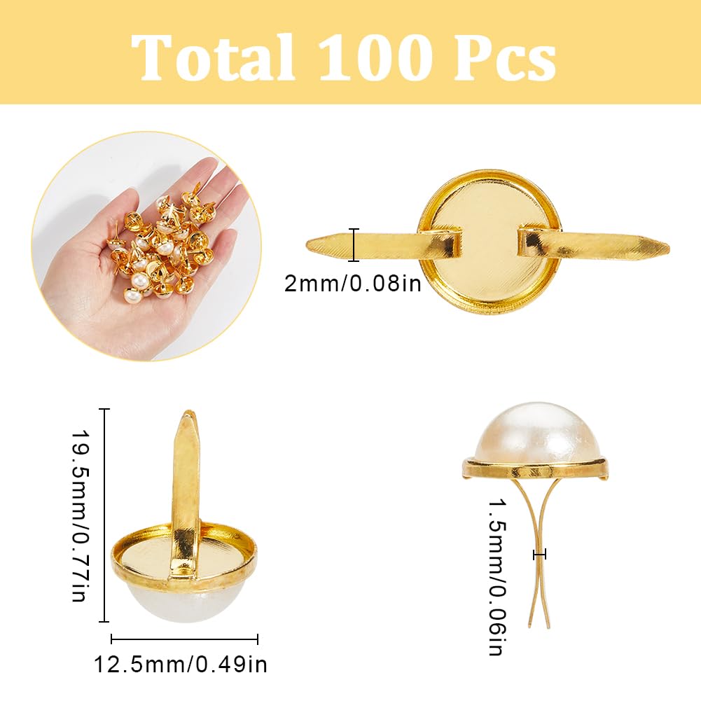 SUNNYCLUE 100Pcs Mini Metal Brads Pearl Brad Bulk Golden Iron Flat Round White Imitation Pearls Split Pins Paper Fastener Brads for Scrapbooking Card Making Wedding Decoration DIY Crafts Supplies