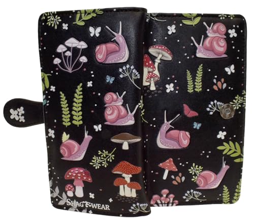 Shag Wear Snail and Mushroom Forest Large Insect Wallet for Women and Teen Girls Vegan Faux Leather Black 7"3
