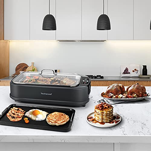 Indoor Smokeless Grill, Techwood 1500W Electric Bbq Grill With Temperature Control, Korean Grill Removable Grill & Griddle Plates, Tempered Glass Lid #TOP6