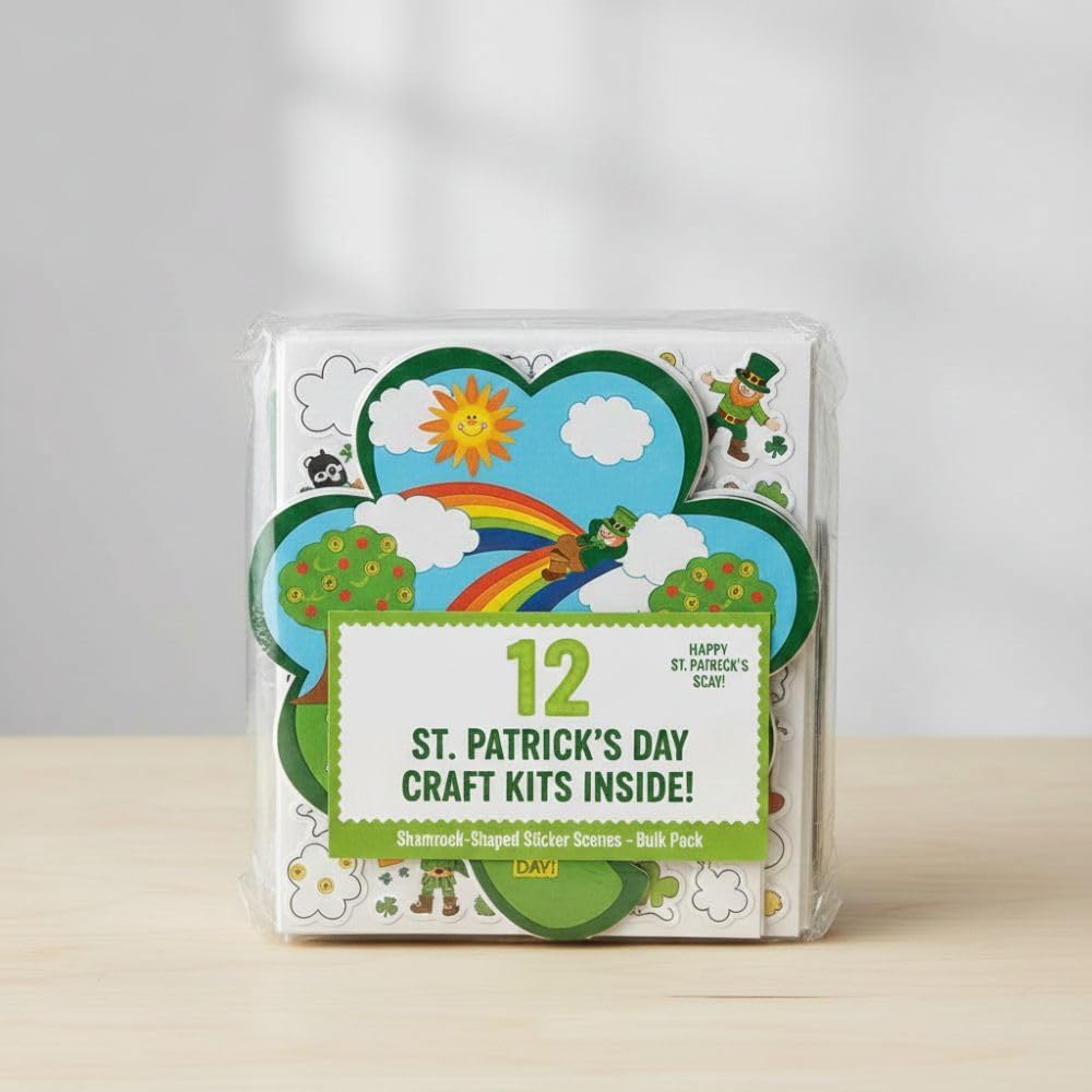 Shamrock-Shaped St. Patrick’s Day Sticker Scenes – 12 Pieces, 11" – Leprechaun, Rainbow & Pot of Gold Designs for Kids’ Crafts, Classroom Activities & March Celebrations