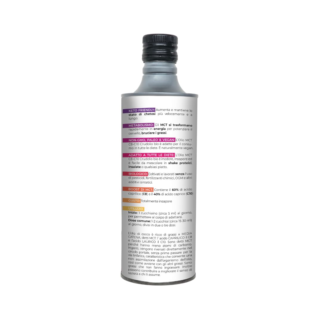 CRUDOLIO - Olio MCT C8-C10 biologico 500ml. LATTINA | Olio di Cocco liquido | Puro al 100% | Spremuto a freddo | Vegan | Paleo | Metabolismo | Keto | Bulletproof coffee (Confezione da 2)