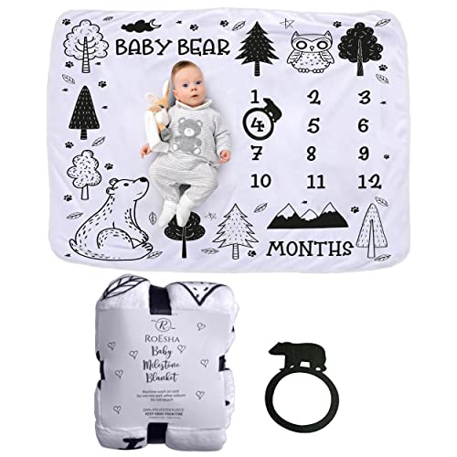Baby Monthly Milestone Blanket for Boys and Girls 51 x 40 Inch Thick Fleece Baby Month Blanket with 2 Felt Frames Newborn Photography Prop Photo Blanket Moon and Star (Baby Bear)