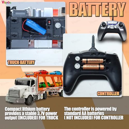 Image of VikriDA RC Transporter Truck Toy with 4 Mini Cars - 14 inch Remote Control Semi Trailer, Lights & 2 Rechargeable Batteries, Fun Carrier Truck for Kids