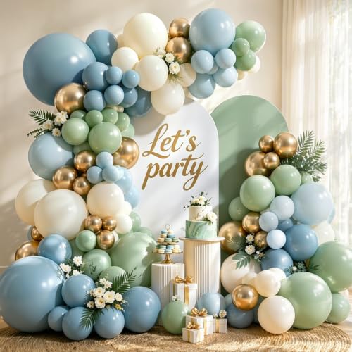 Image of Dusty Blue Green Balloon Arch Kit,White,Gold,144 pcs | Different Sizes for18 12 10 5 inch ,Baby Shower,Wedding,Bridal Boho, Birthday Party,Decorations