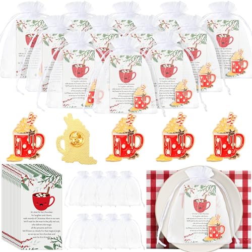 Image of 50 Sets Christmas Gift Hot Cocoa Cup Lapel Pin with Marshmallows Ornament Jewelry Charm Pins for Women Xmas Hot Cocoa Party Supplies Brooch Favor Merry Christmas Card Organza Bag Thank You Gift