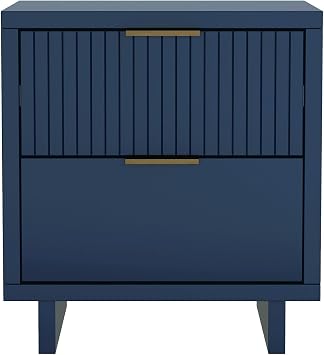 Manhattan Comfort Elara 18 Inch Nightstand with 2 Drawers, Solid Wood Bedside Table, Modern Fluted Design with Soft-Close Mechanism, Compact Bedroom Stand, Midnight Blue