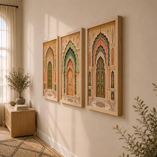 Image of NoWorries Arch Wall Art Set of 3 Framed Prints | Indian Traditional Palace Door Painting, Royal Rajasthani Architecture Poster, Vintage Floral Ethnic Wall Decor for Living Room Bedroom Home (Synthetic Engineered Wooden Frame) (MIN -3, 17x25 inches)