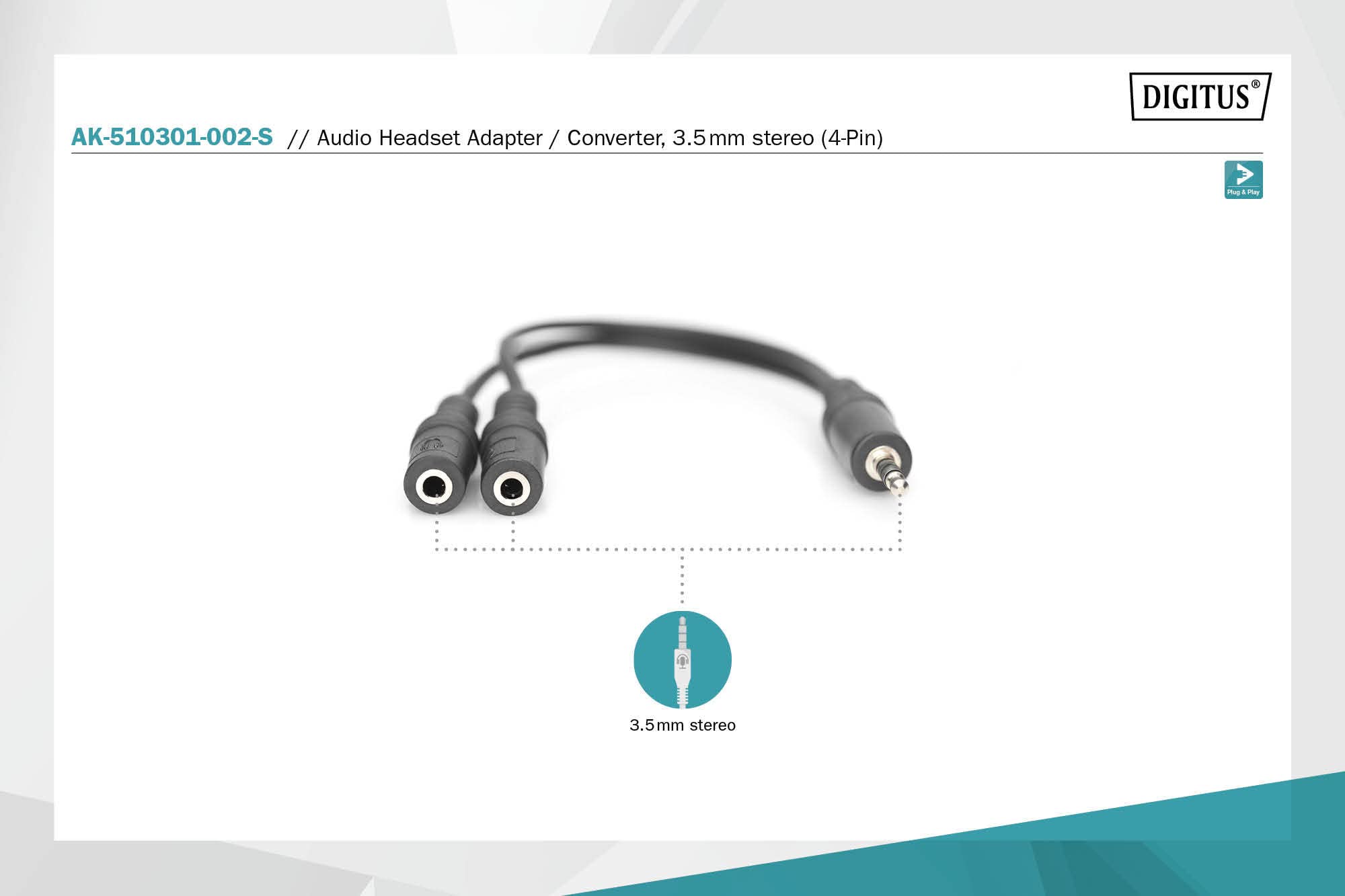 DIGITUS adapter słuchawek stereo - 2x gniazdo 3,5 mm na jack 3,5 mm - adapter mikrofonu - adapter słuchawek - 0,2 m - czarny - do smartfonów, komputerów, laptopów, konsol do gier, kontrolerów gier