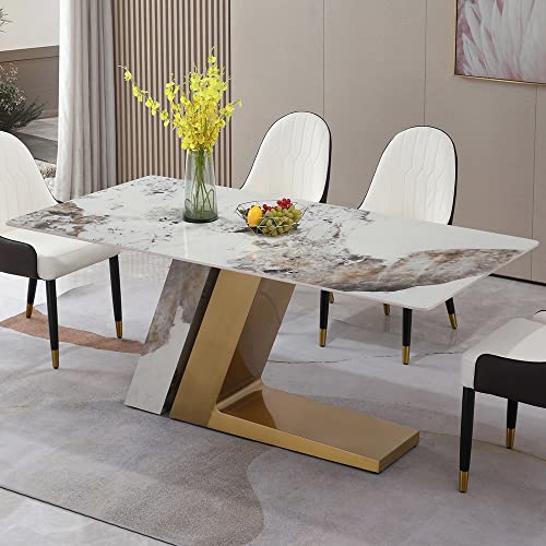 71” Marble Top Dining Table, Metal Frame Furniture Kitchen Table For 6, Sintered Stone Pandora Dinner Tabletop, Stainless Steel & Stone Slate Base Dinner Table For Dining Room (1 Pc Table(Tl Shape)) #TOP5