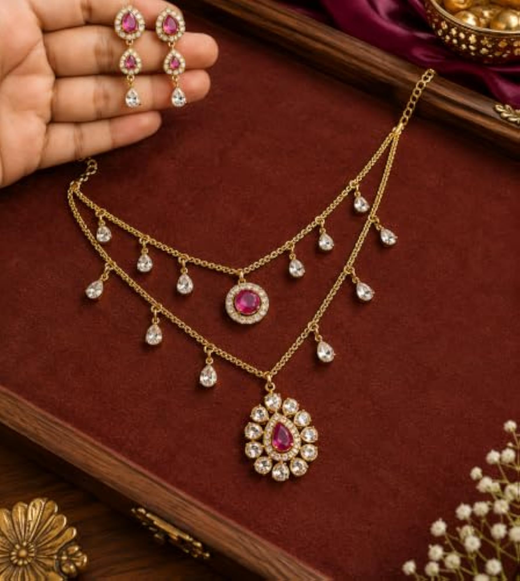 Gold Plated Ruby Pink Layered Necklace Set for Women