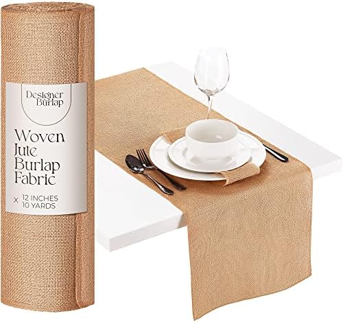 Designer Burlap Table Runner - For Farmhouse-Style Dining Room - Woven Jute Fabric Placemats or Centerpieces - Rustic Home Decor for Coffee, Tea, & Outdoor Tables - Long Roll, 12 Inches x 10 Yards