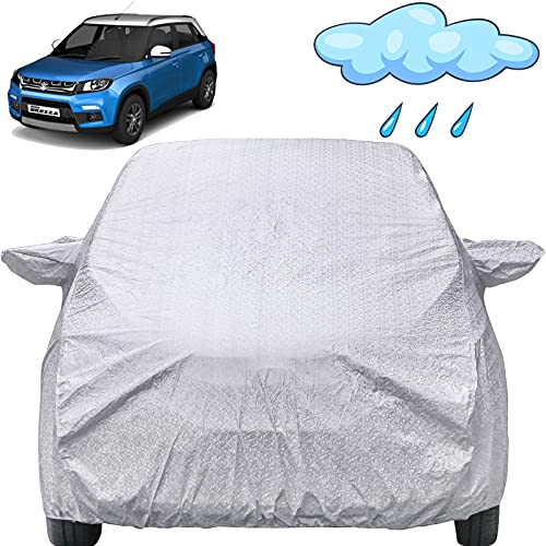 Image of Brezza Waterproof Car Cover with Mirror Pockets, Shinning Silver Design, Non Woven Fabric,Triple Stitched, Compatible with Maruti Brezza Car Cover (2016 to 2024), Brezza Car Accessories