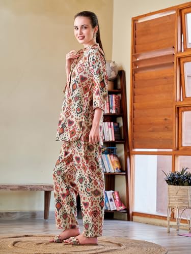 Image of Cotton Relaxed Fit Shirt & Trouser Co-Ord Set for Women |Front Openable Button and 3 /4 Sleeve Shirt |Two Pockets and Elasticated Waist Trouser | Casual Wear and Everyday Wear