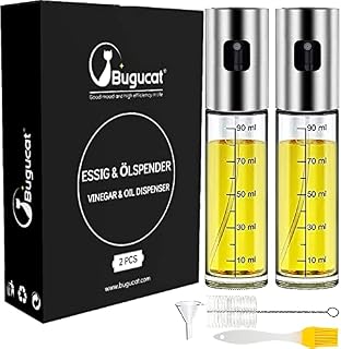 Bugucat Oil Sprayer Dispenser 100ml 2 PCS, Vinegar Sprayer, Dressing Spray, Grilling Olive Oil Glass Bottle with Brush Portable, Premium 304 Stainless Steel for Kitchen Cooking Bread BBQ Salad Baking