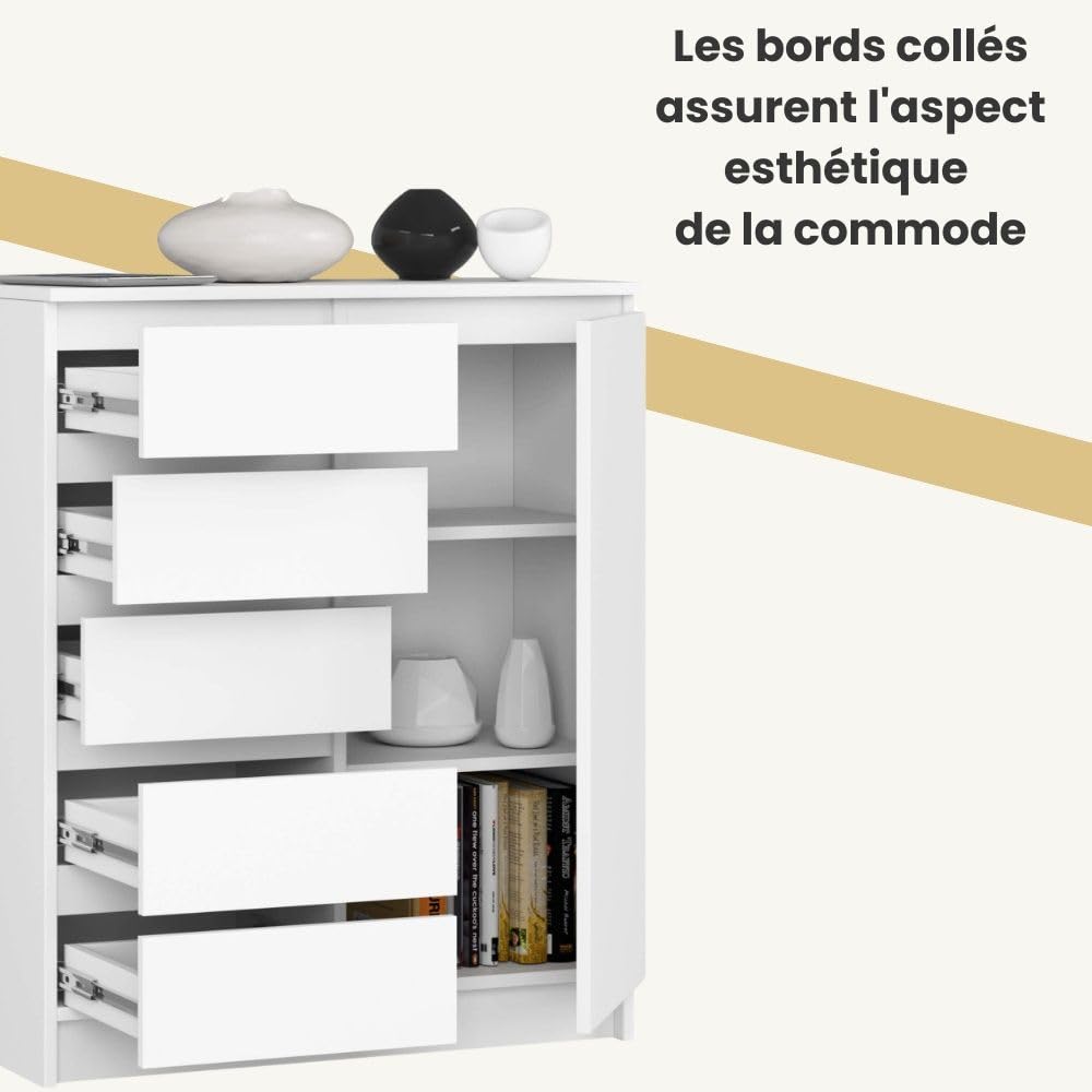 AKORD Kommode K-100 avec 1 Portes et 5 Tiroirs | pour Le Salon Chambre à Coucher | Moderne | Plateau Laminé 16mm | 80 x 35 x 97 cm | Blanc & Blanc