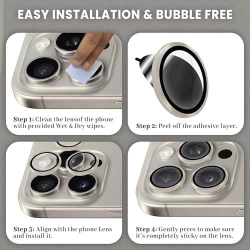 Image of ArmourPro Premium Camera Lens Protector Tempered Glass Compatible For iPhone 15 Pro max and iPhone 15 Pro Tough HD Individual Aluminum Alloy Rings 9H Camera Cover , Scratch-Resistant,Camera Lens Protection| Natural Titanium