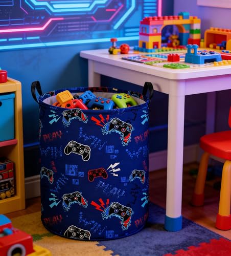 Image of Game Laundry Basket Baby Hamper Dirty Clothes hamper Baby Nursery Hamper Gift Baskets Toy Storage Bin Boy Room Decor(Blue Games)