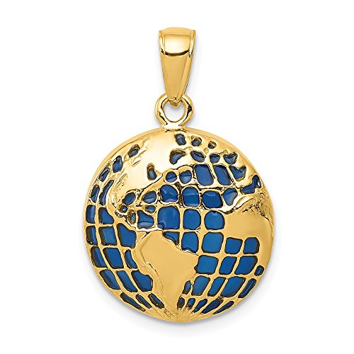 14k Yellow Gold Blue Enameled Globe Pendant Charm Necklace Travel Transportation Man Fine