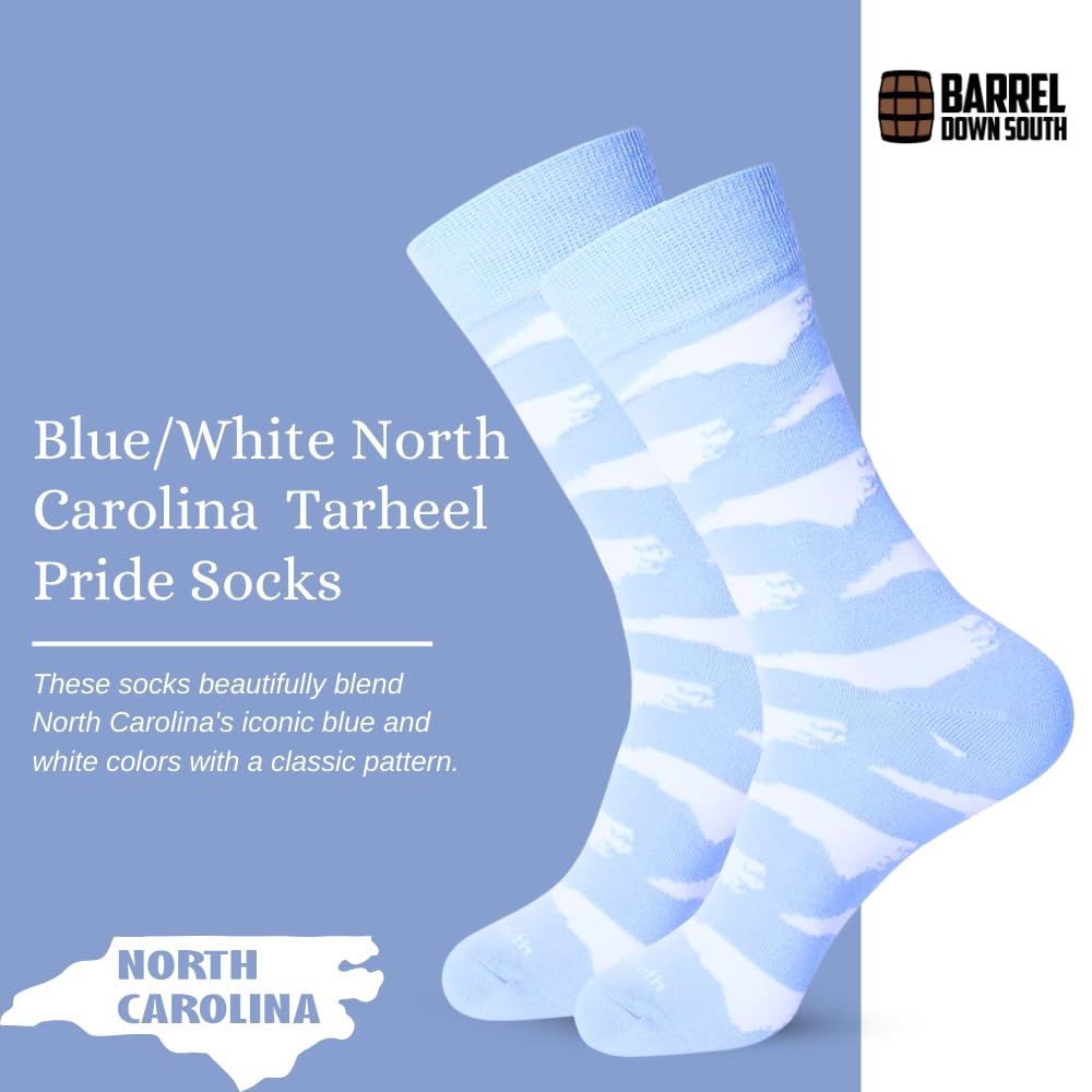 Barrel Down South North Carolina State Socks – Blue/White, Fun, Printed Cotton Crew Socks with North Carolina Outline | One-Size, Cotton/Polyester/Spandex | NC State Gifts and Apparel
