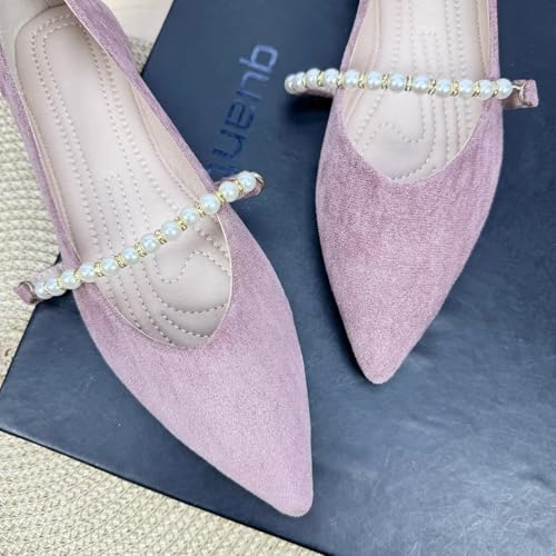 ChaiRong Zhou Women Elegant Pearl Ankle Strap Suede Mary Jane Flats Pointed Toe Lightweight Ballet Party Dress Shoes4