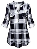 Opinscy Langarmshirt Damen Weiße Bluse Damen 3/4 Ärmel Bluse Damen V-Ausschnitt Tunika Langarm Blusen Oberteile Casual Hemdbluse Damen Tops Longshirt - Schwarz-weiß Kariert, XL