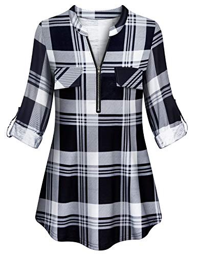 Tanst Sky Plaid Tunics, Button Down Shirts for Women Long Sleeve Flannel Shirt Quarter-Zip V Neck Ladies Pullover Tops Loose Fitting Blouses Fashion Maternity Clothes Black 3XL