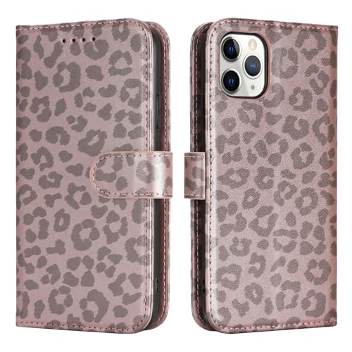 Image of for iPhone 11 Pro Max Case Wallet with Card Holder,for iPhone 11 Pro Max Wallet Case for Women Men,PU Leather Shockproof Magnetic Buckle Stand Flip Phone Case-Rose Gold Leopard