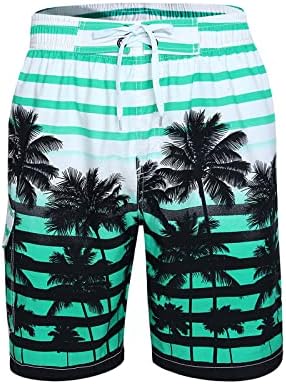 Cogild Mens Swim Trunks, Colorful Striped Printed Coconut Tree Long Swimming Trunks, Quick Dry Board Shorts with Mesh Lining