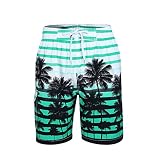 Cogild Mens Swim Trunks, Colorful Striped Printed Coconut Tree Long Swimming Trunks, Quick Dry Board