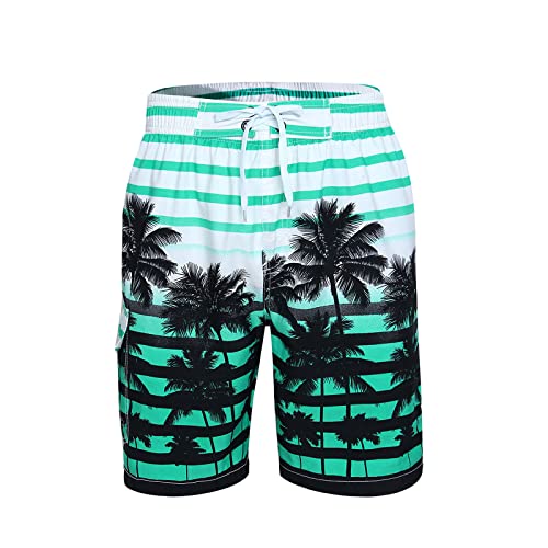 Cogild Mens Swim Trunks, Colorful Striped Printed Coconut Tree Long Swimming Trunks, Quick Dry Board Shorts With Mesh Lining #TOP27