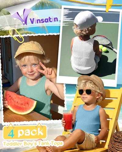 Image of 4 Pack Toddler Boys Cotton Tank Tops | Ribbed, Sleeveless T-Shirts, Summer Undershirts, Slim Fit, Crewneck, Layering, Sizes 18M-5T