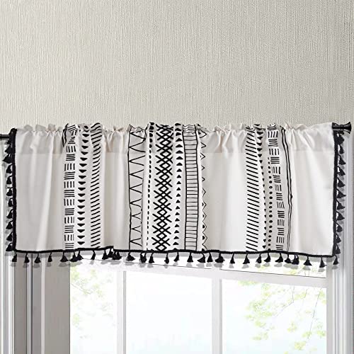 Black And White Boho Tassel Kitchen Valances For Windows, 2 Panels Modern Cotton Linen Farmhouse Rod Pocket Bathroom Curtain Valance Window Treatments For Living Room Bedroom Decor,52’’W X 18’’L #TOP2