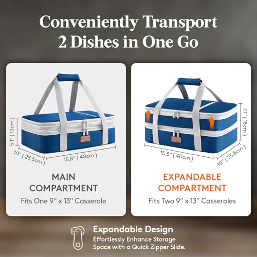 Lifewit Insulated Double Decker Casserole Carrier, Expandable Lasagna Lugger Tote Bag for Hot or Cold Food, Fits 9" x 13" Baking Dish for Potluck Parties, Picnic and Cookouts, Pure Blue by Lifewit - Image 2